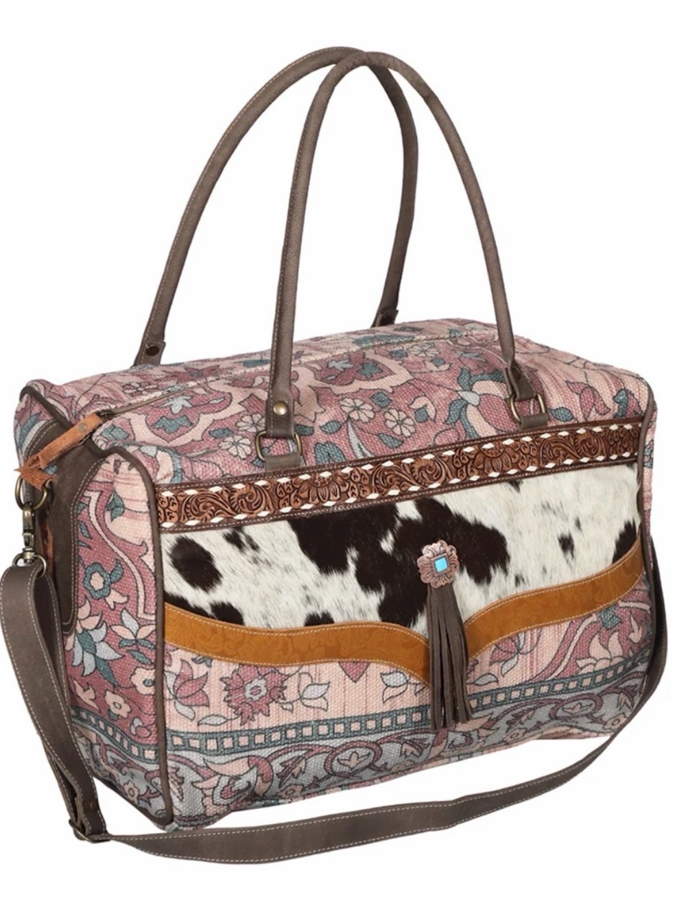 OHLAY Pink Floral Canvas Travel Duffel with Cowhide Accent NWOT
